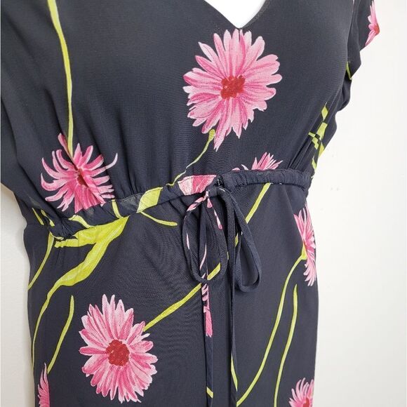 VINTAGE 90s dress pink daisy black empire waist short sleeve maxi M - Picture 4 of 10
